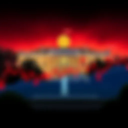 A graph showing Bitcoin price fluctuations with a backdrop of the White House during Trump's presidency.