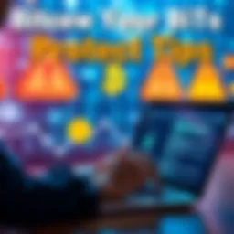 A person reviewing security tips for Bitcoin on a laptop, with visuals of blockchain technology and warning signs in the background.