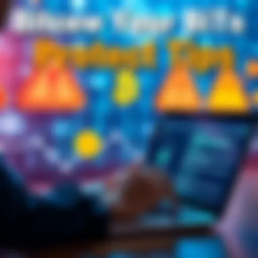 A person reviewing security tips for Bitcoin on a laptop, with visuals of blockchain technology and warning signs in the background.