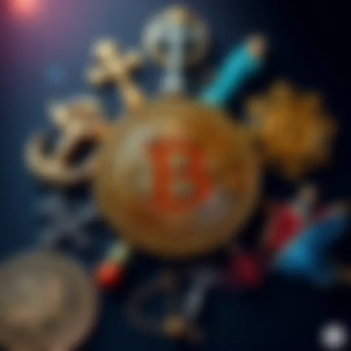 A Bitcoin symbol surrounded by various religious icons representing different faiths, symbolizing the idea of Bitcoin as a new religion.