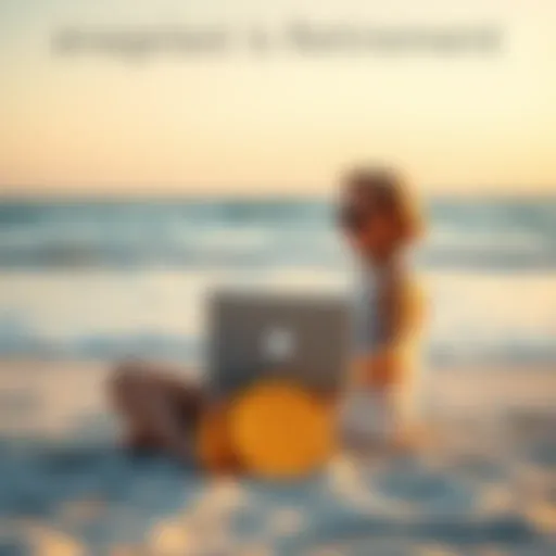 A relaxed person sitting on a beach with a laptop, symbolizing retirement with Bitcoin, surrounded by calm waves and a clear sky.