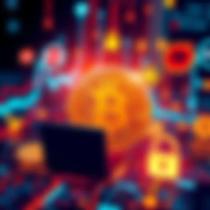 A digital representation showing a Bitcoin symbol surrounded by security threats like hackers and malware icons.