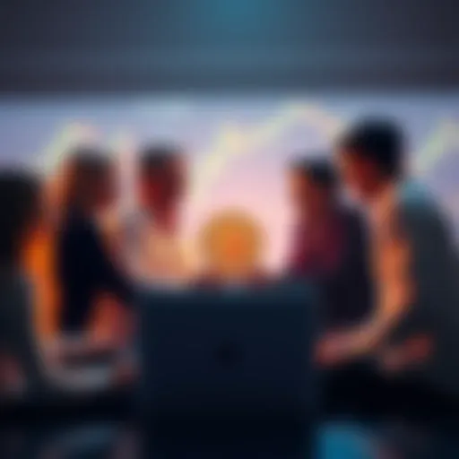 Group of people discussing Bitcoin with a laptop and charts in the background