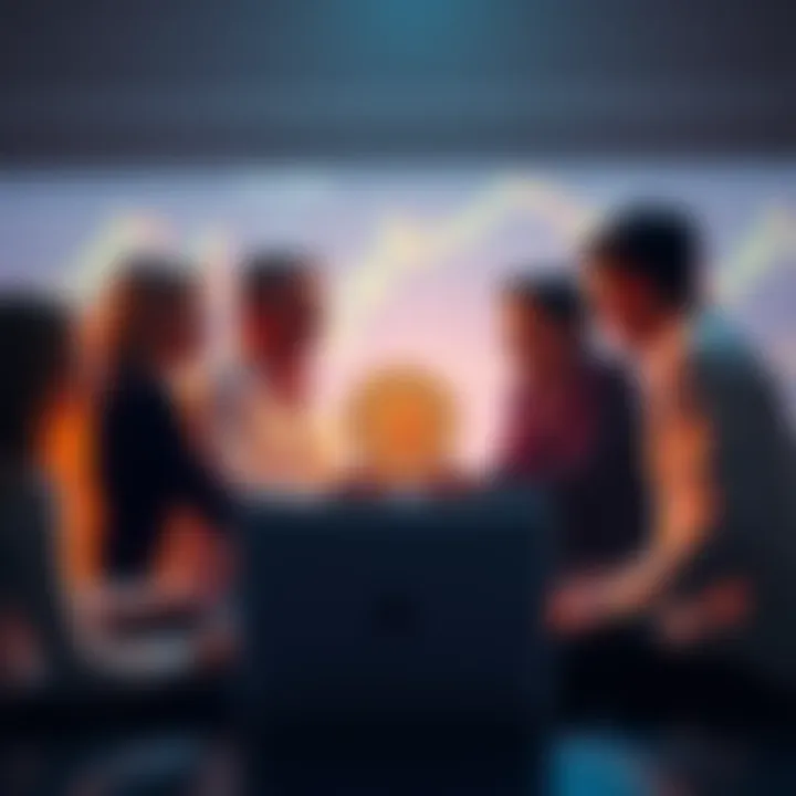 Group of people discussing Bitcoin with a laptop and charts in the background