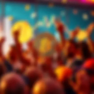 People celebrating their Bitcoin investments from 2022, with Bitcoin graphics in the background