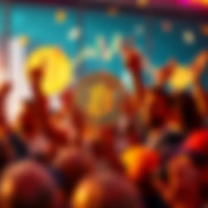 People celebrating their Bitcoin investments from 2022, with Bitcoin graphics in the background