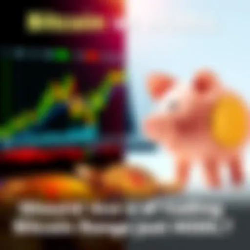 A visual comparison of Bitcoin trading strategies and holding. One side shows fluctuating price charts, and the other features a piggy bank symbolizing long-term investment.