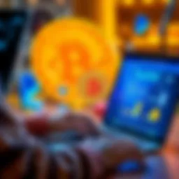 A person using a laptop to send Bitcoin online, with traditional money transfer icons like PayPal in the background
