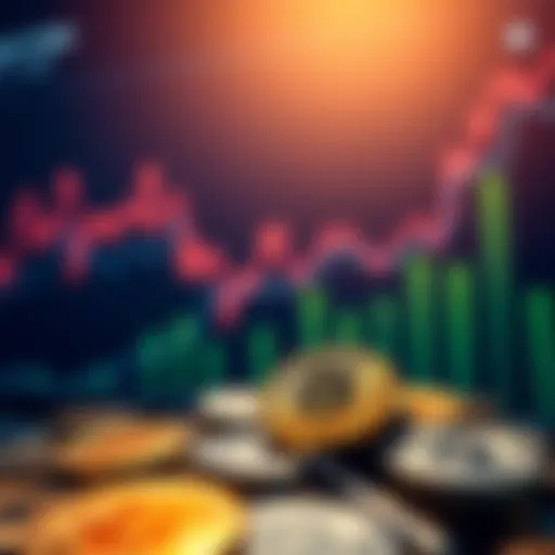 A chart showing rising Bitcoin values with digital coins in the foreground