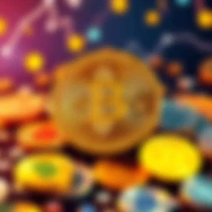 Illustration of Bitcoin being exchanged for Tether, showing coins and digital currency symbols around.