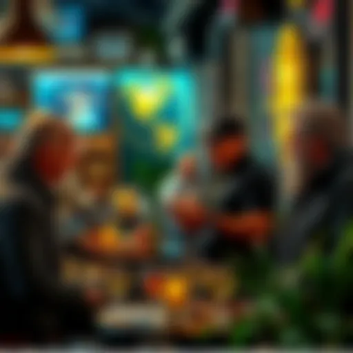 A group of Bitcoin enthusiasts discussing cryptocurrency ideas at a café, showing engagement and sharing knowledge.