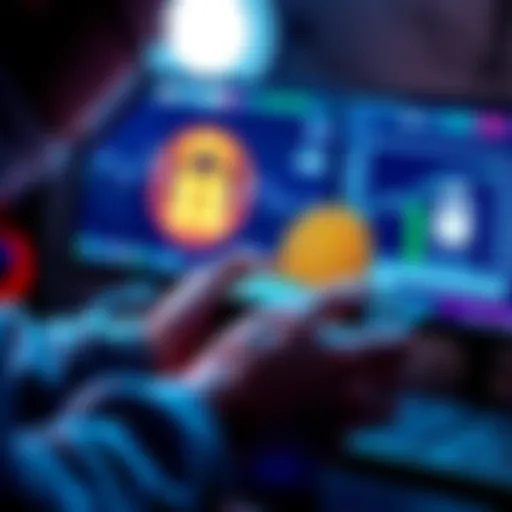 A person using a hardware wallet to store Bitcoin securely, with a computer and a lock symbol in the background