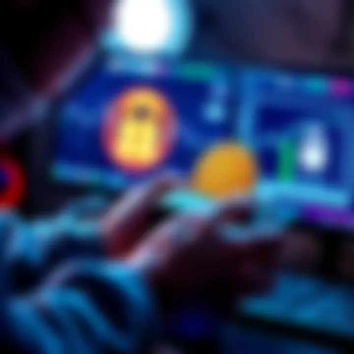 A person using a hardware wallet to store Bitcoin securely, with a computer and a lock symbol in the background