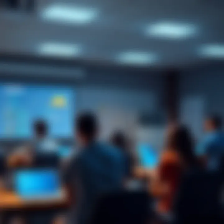 A classroom scene with students learning about blockchain technology and its applications, featuring a digital display with blockchain diagrams.