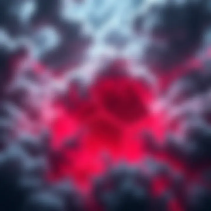 A digital representation of a blockchain network affected by a security breach, surrounded by dark clouds symbolizing chaos and uncertainty.