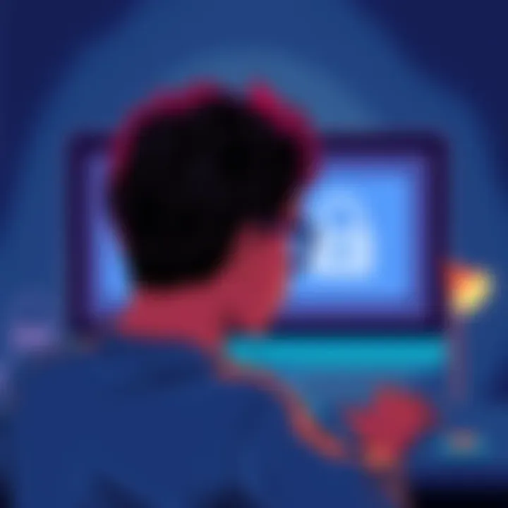 A person looking frustrated at a computer screen showing a blocked account message, with a lock icon visible