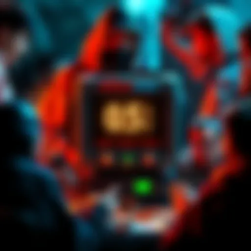 A Bobcat miner device with a digital display showing low earnings, surrounded by worried people discussing solutions.