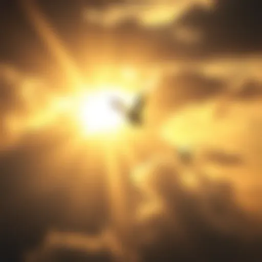 A glowing light shining through dark clouds, representing hope and resilience during tough times.