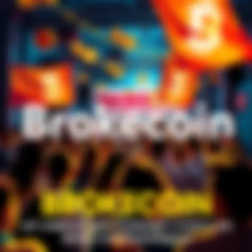 A vibrant community gathering celebrating Brokecoin with banners, people holding tokens, and excitement in the air.