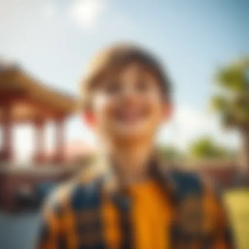 A cheerful young man with a bright smile, radiating positivity and joy in a sunny outdoor setting, inspiring those around him.