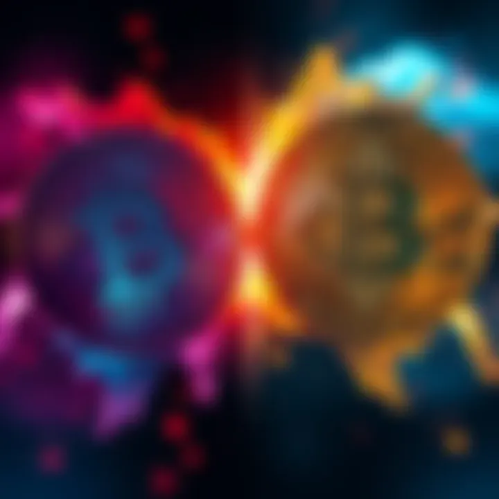 Logos of Bitcoin and XRP facing off, symbolizing their rivalry in the cryptocurrency community.