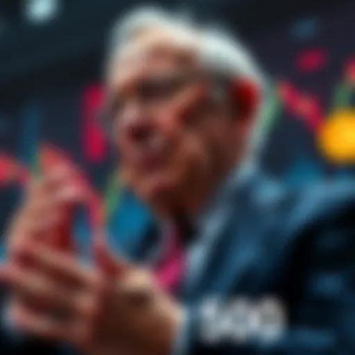Warren Buffett speaking with financial charts in the background, highlighting S&P 500 and Bitcoin decline