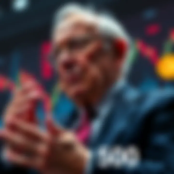 Warren Buffett speaking with financial charts in the background, highlighting S&P 500 and Bitcoin decline