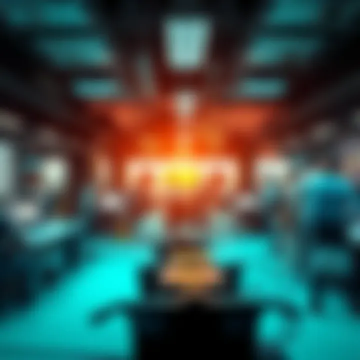 Business operations A busy office environment with people working and discussing strategies, representing the return to business activities.