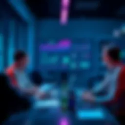 A group of business professionals meeting to discuss digital currencies and blockchain technology, with charts and digital assets displayed on a screen.