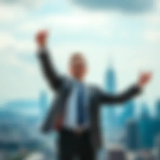 A businessman stands proudly, arms raised in a gesture of celebration, symbolizing the connection between entrepreneurship and personal freedom. In the background, a city skyline represents innovation and opportunity.