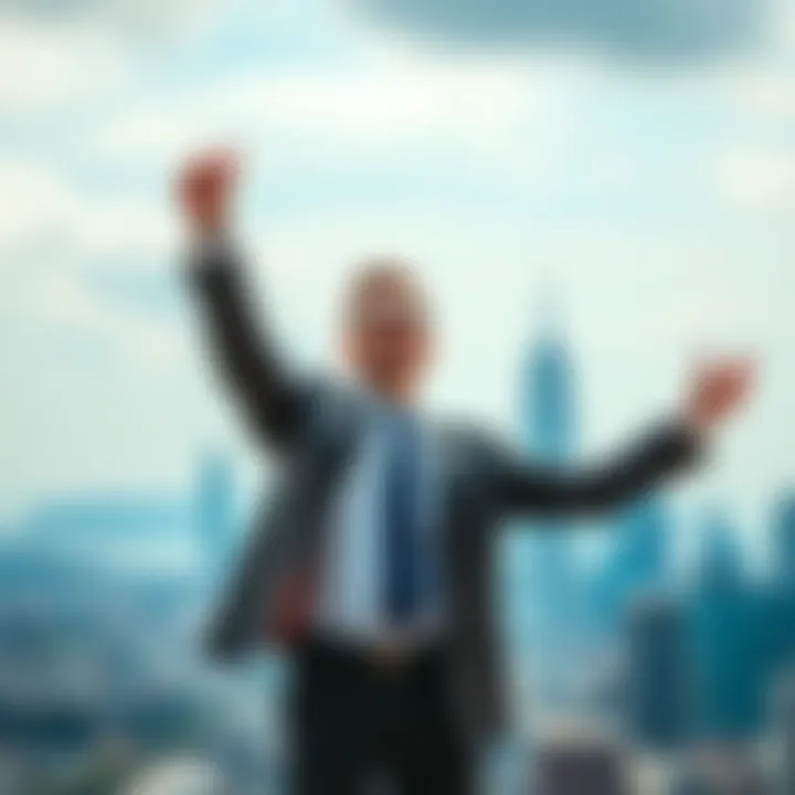 A businessman stands proudly, arms raised in a gesture of celebration, symbolizing the connection between entrepreneurship and personal freedom. In the background, a city skyline represents innovation and opportunity.