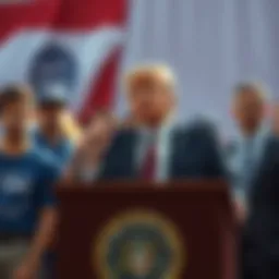 A group of Buttcoin supporters looking discouraged as Donald Trump speaks confidently at a podium, emphasizing his political power.
