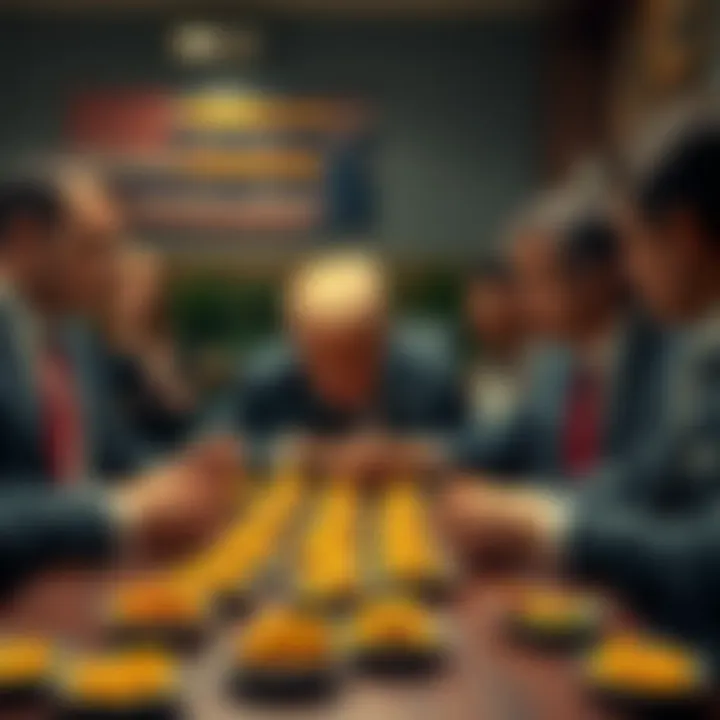 Buttcoiners looking frustrated at a table filled with small samples of food, representing limited returns from TrumpCoin investment