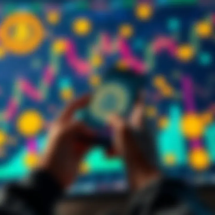 A person using a smartphone to buy Bitcoin, with Bitcoin symbols and graphs in the background.