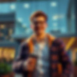 Byron smiling and holding a briefcase, standing in front of his new workplace