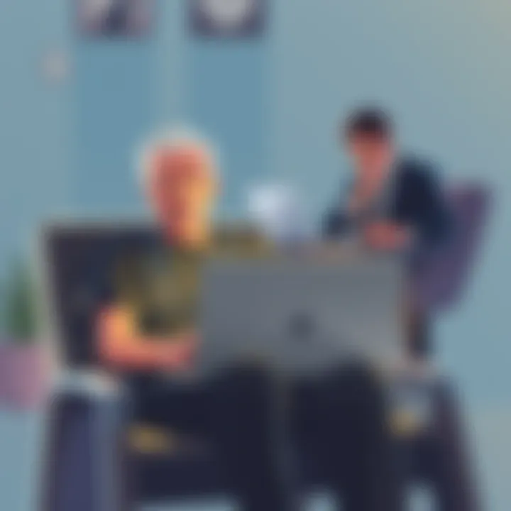 A cancer patient sitting with a laptop, looking concerned as they browse forums about a new meme coin. Scammers are depicted in the background, plotting their schemes with a laptop.