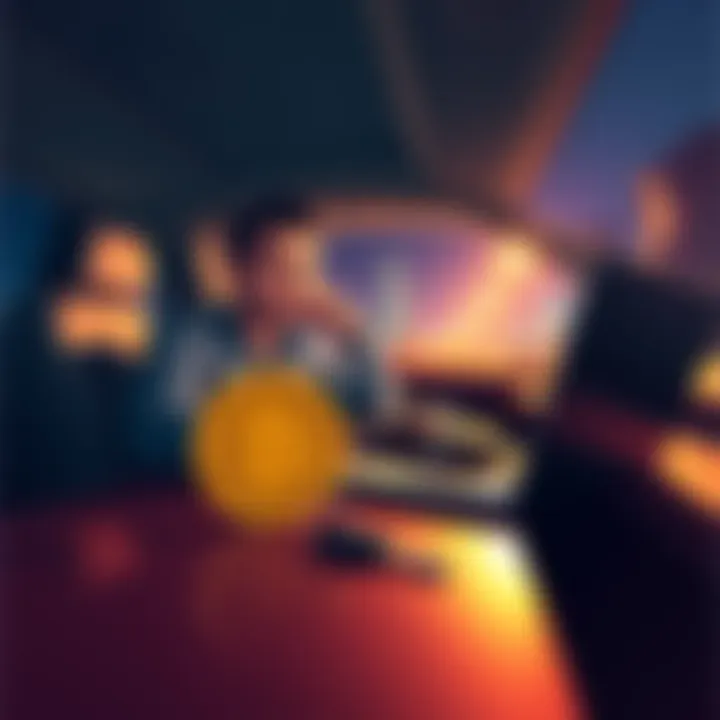 A person sitting at a desk with a laptop, contemplating selling Dogecoin to pay off a car loan, with a car key and Dogecoin symbol on the table.