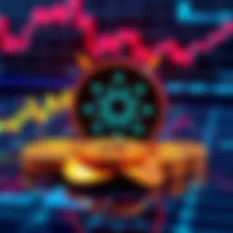 Cardano logo with coins and financial charts representing investment in stablecoins and DeFi