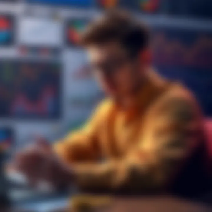 A beginner learning about staking on Cardano, with charts and ADA coins around.
