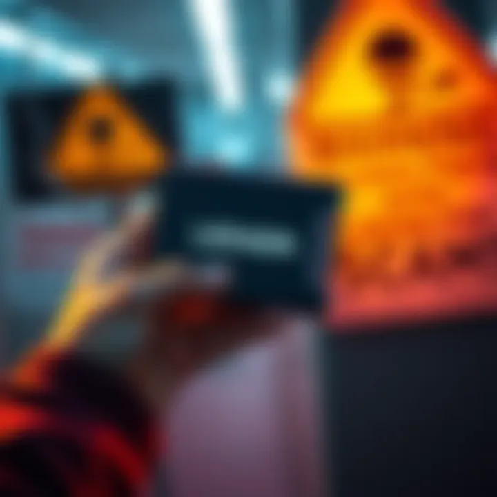 A person holding a Ledger Flex cold wallet with warning signs about data security and scams in the background.