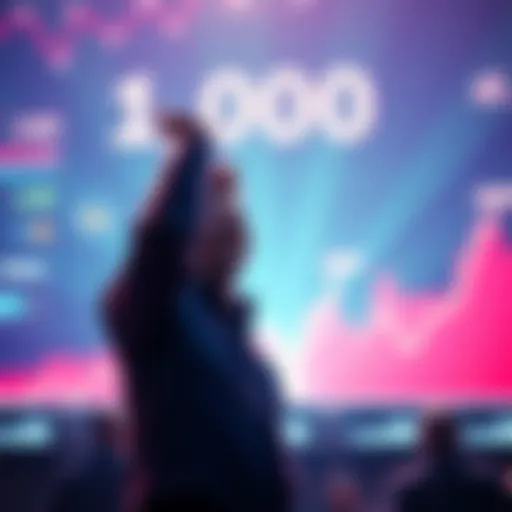 A person joyfully celebrating their milestone of owning 1000 XRP cryptocurrency, with graphics showing a digital wallet and upward trending charts in the background.