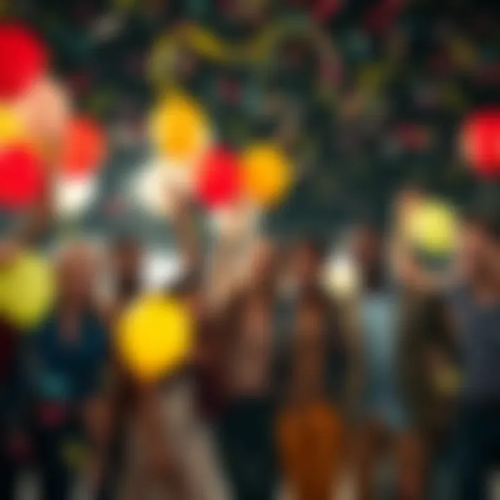 A group of diverse people celebrating a significant milestone with balloons and confetti, looking excited and hopeful about future achievements