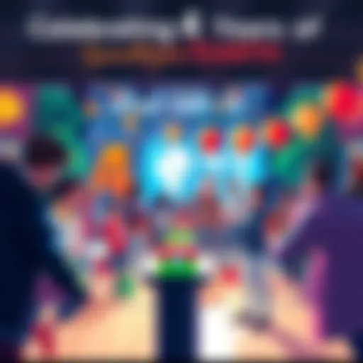 Colorful celebration scene showing people sharing ideas and enjoying minigames for ATLAS:EARTH's 4th anniversary