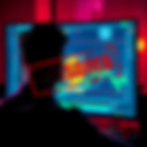 A person looking at a computer screen with a red 'censored' stamp over Bitcoin graphics, symbolizing the restriction of discussions on digital currency.