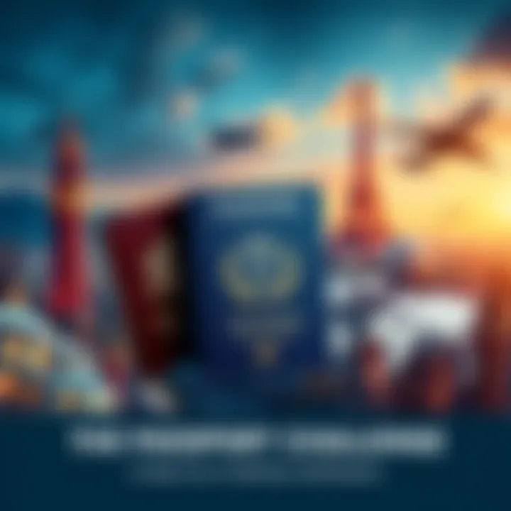 An artistic depiction of 'challenge' passports amidst global landmarks symbolizing travel and identity verification