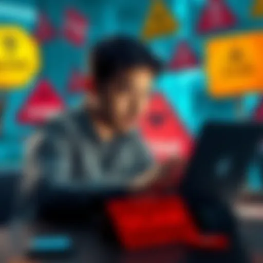A person examining a suspicious offer on a laptop, surrounded by warning signs about scams.