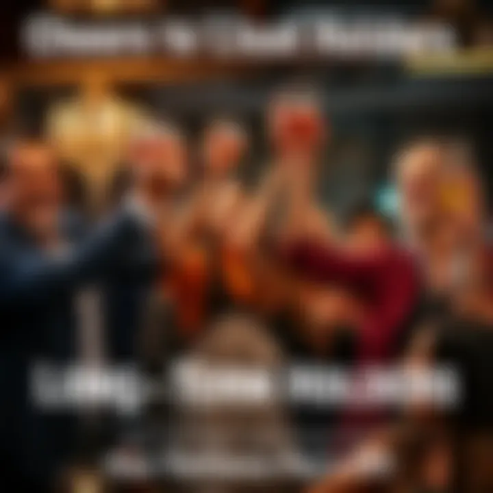 A group of diverse people celebrating their investment success with raised glasses, showcasing joy and camaraderie.