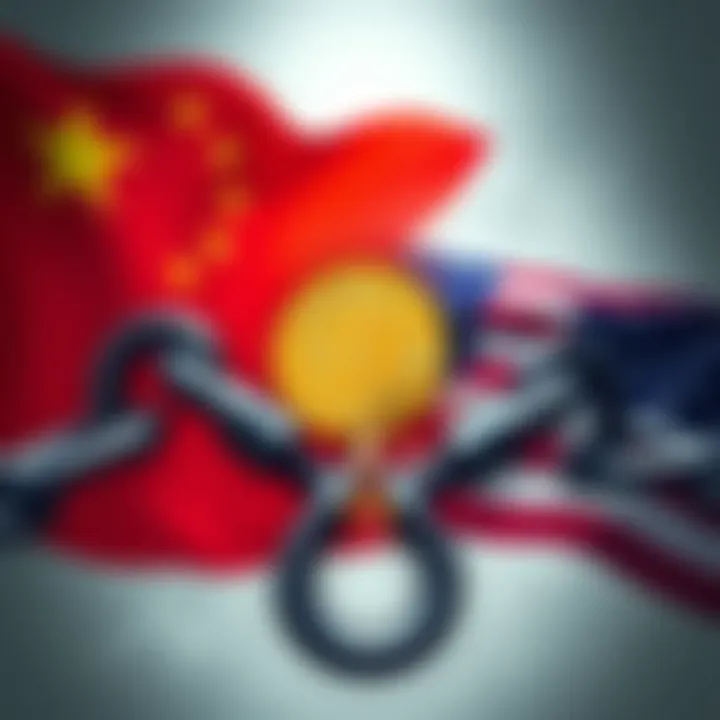 A graphic showing China and the U.S. flags with a Bitcoin symbol and a broken chain link, symbolizing the theft and rising tensions between the two nations