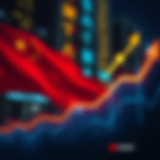 A graphic showing a rising chart symbolizing China's economic stimulus effects on the market, with arrows indicating growth and concern among investors over recession risks.