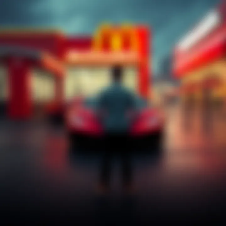 A person stands between a luxury Lamborghini and a McDonald's restaurant, symbolizing the choice between high-end lifestyle and steady work.